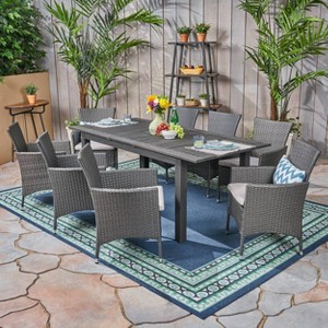 Nadia 9pc Wood and Wicker Expandable Dining Set Gray: Acacia Frame, PE Rattan, Cushions - Christopher Knight Home - 1 of 4