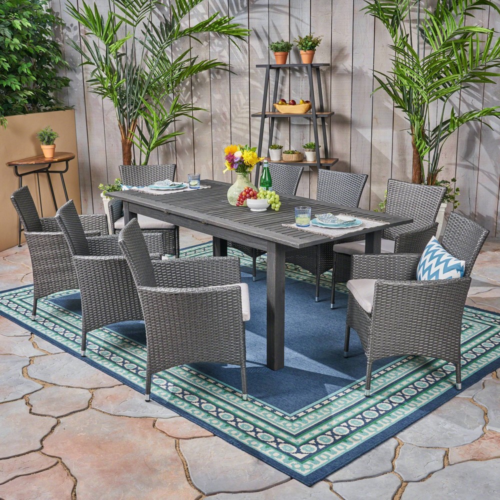 Nadia 9pc Wood and Wicker Expandable Dining Set Gray Christopher Knight Home