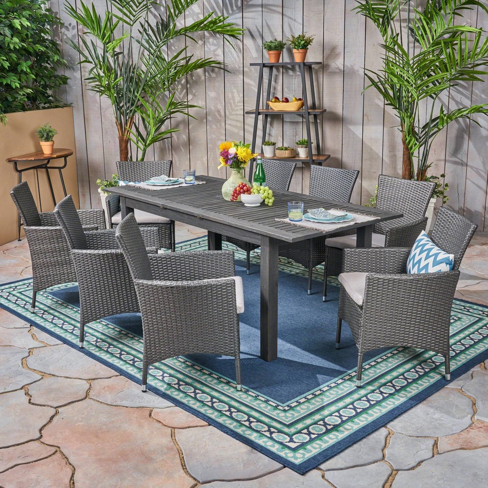 Photos - Garden Furniture Nadia 9pc Wood and Wicker Expandable Dining Set Gray - Christopher Knight