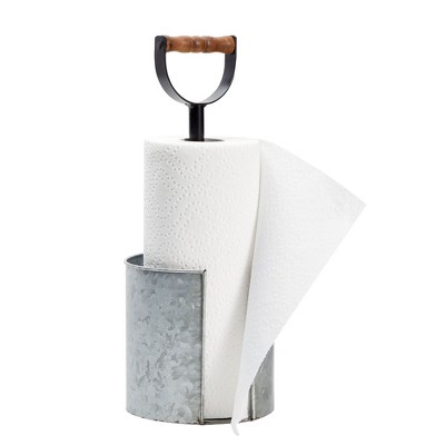 Juvale Kitchen Paper Towel Holder for Countertop with Wooden Handle, Galvanized Farmhouse Decor, 15 x 16 In