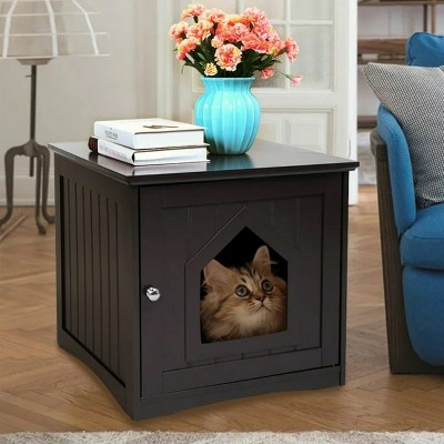 LunaLulinlk Brown Indoor cat house with lid, hidden litter box fence, cat furniture cabinet with lid