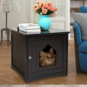 LunaLulinlk Brown Indoor cat house with lid, hidden litter box fence, cat furniture cabinet with lid - 1 of 4