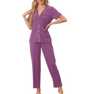 cheibear Women's 2 Pcs Button Down Short Sleeve Shirt and Pants Pajama Set Loungewear - 1 of 4