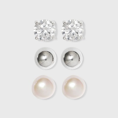 Sterling Silver Cubic Zirconia Stud Earring Set 3pc - Silver/Pearl