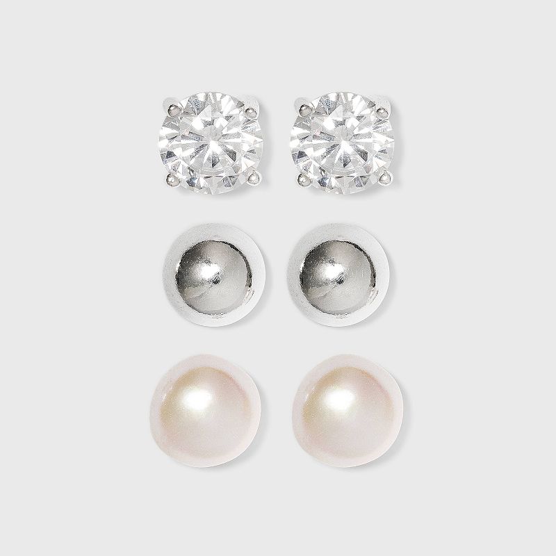 Sterling Silver Cubic Zirconia Stud Earring Set 3pc - Silver/Pearl, 1 of 3