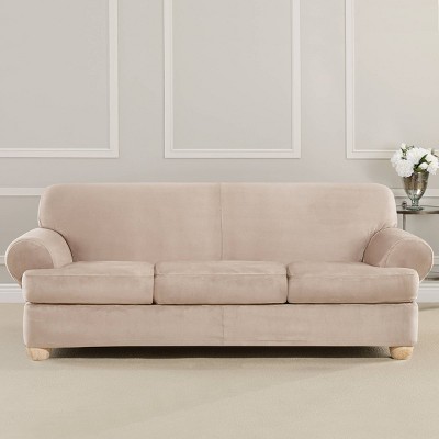 Cement Heavyweight Stretch Suede T-Cushion Sofa Slipcover