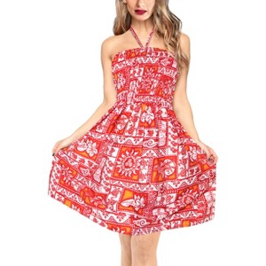 LA LEELA Women's House Daily Routine Evening Wear Boho Halter Smocked Mini Flowy Casual Dress Tube Top Strapless for Women One Size Red Floral - 1 of 4
