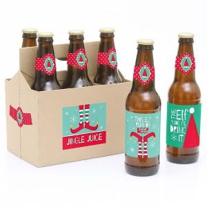 Big Dot of Happiness Elf Squad - Elf Christmas Decorations for Women and Men - 6 Beer Bottle Label Stickers and 1 Carrier - 1 of 4