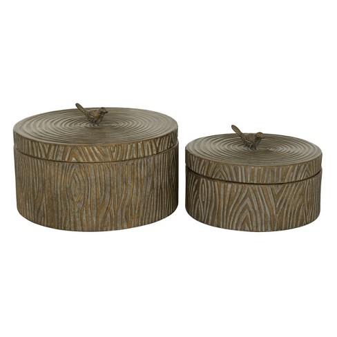 Olivia & May Set Of 2 Round Antique Bronze Metal Boxes With Bird ...