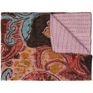 50" X 70" Brown And Pink Floral Cotton Quilted Kantha Throw Blanket with Embroidery - 1 of 4