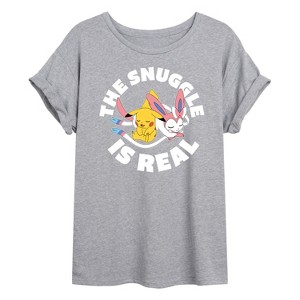 Women's - Pokémon - The Snuggle Is Real Pikachu And Sylveon Oversized Graphic T-Shirt - 1 of 4