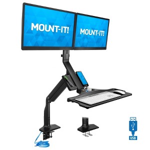 Mount-It! Height Adjustable Dual Monitor Sit Stand Desk Converter with Gas Spring Arm | 2 Integrated USB 3.0 Ports | C-Clamp and Grommet Base - 1 of 4