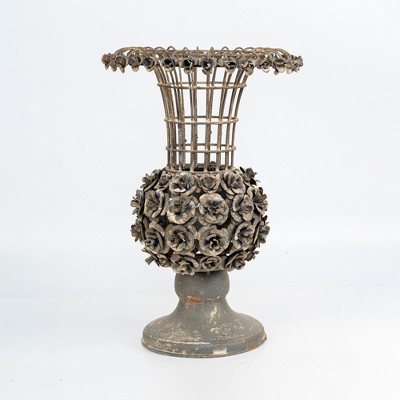 Antique-Style Floral Lattice Vase on Distressed Pedestal Base, Vintage Metal Craft with Dense Rosette Ornamentation, Rustic Home Decor