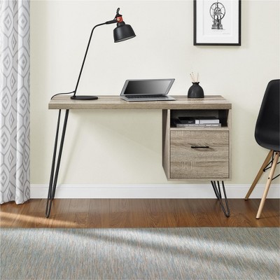 Okak 57IN Stylish Computer Desk with Metal Legs, Home Office Desks with Shelf and Drawer, Writing Desk for Study, Reading Room, Office, Brown