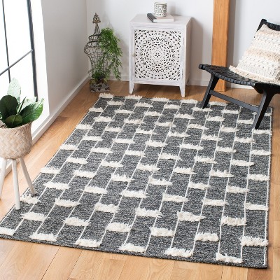 Black and Ivory Striped Wool Cotton 4' x 6' Area Rug
