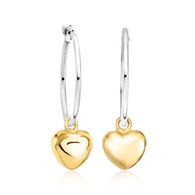 Ross-Simons Italian Sterling Silver Hoop Earrings With Removable 18kt Gold Over Sterling Heart Drops