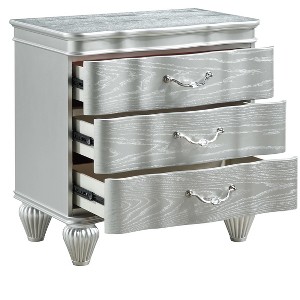 Vynxaria Traditional 3-Drawer Nightstand, Silver Wood Build, Metal Drawer Pulls, Part of 5-Piece Set (Upholstered Headboard/Dresser/Mirror/Tall Chest) - 1 of 4