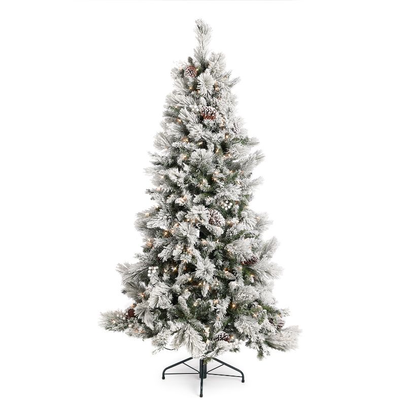 Home Heritage Pre-Lit Snowdrift Flocked Artificial Holiday Tree, Clear Lights, Natural-Looking PVC Foliage Tips, Metal Stand, 1 of 7