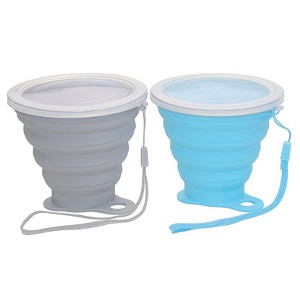 Itopfox Silicone Collapsible Travel Cup with Lid, Portable Reusable Drinking Cup for Camping, Hiking, Outdoor Activities, 270ml, Blue/Gray, 2 Pack - 1 of 4