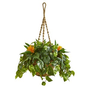 Nearly Natural 31" x 24" Artificial Bromeliad and Pothos Plant in Hanging Basket Yellow: Indoor Faux Floral Decor with Wood Basket - 1 of 3