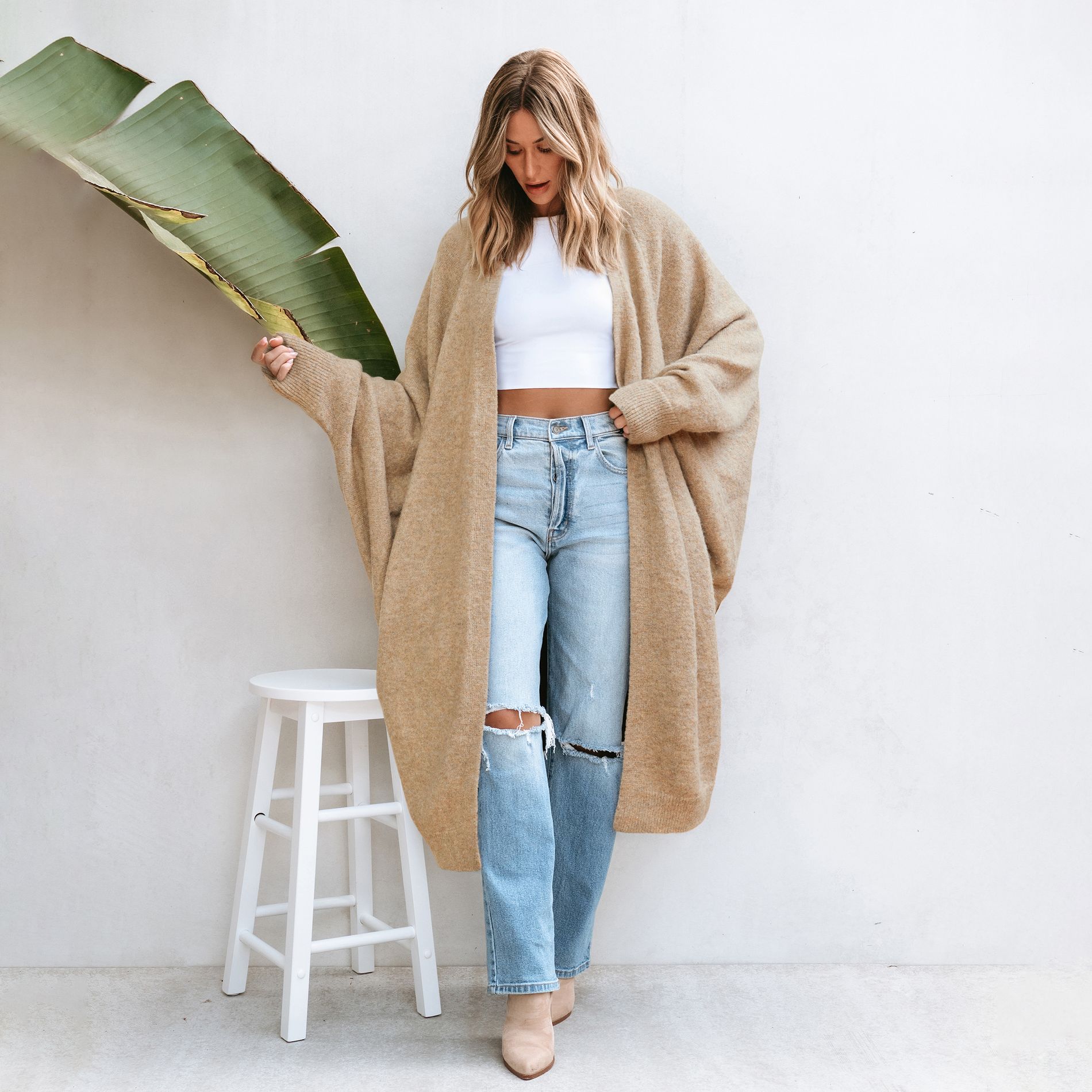 Women's Cozy Longline Open Front Cardigan with Dolman Sleeves -Cupshe