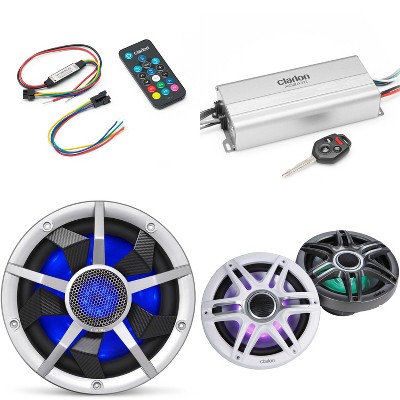 Clarion Marine 4 Channel Amp & Premium 7.7" w/ 10" Silver Grill Boat Audio Upgrade Bundle ( Includes LED Remote )
