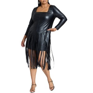 ELOQUII Women's Plus Size Fringe Faux Leather Dress - 1 of 4