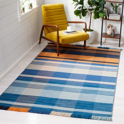 Blue and Orange Striped Wool 4' x 6' Flat Woven Rug
