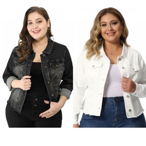 Women's Plus Size 2 Pieces Classic Denim Front Frayed Casual Long Sleeve Fashion Jean Jackets - Agnes Orinda - 1 of 4