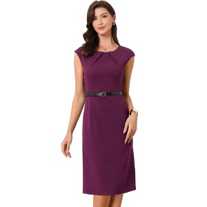 INSPIRE CHIC Women's Elegant Business Round Neck Belted Cap Sleeve Work Sheath Dresses - 1 of 4