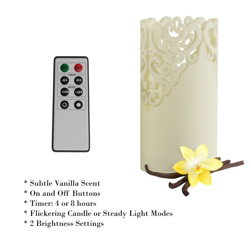 Remote Control LED Candles - Set of 3 Battery-Operated Realistic Flameless Pillars with Lace Details and Vanilla-Scented Wax by Lavish Home, 4 of 9