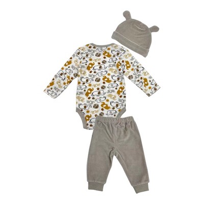 Image of Chick Pea Baby Girl Newborn Outdoor Onesie and Pants Set 3 Pack Elephant Blush Pink Zoo 0-3M