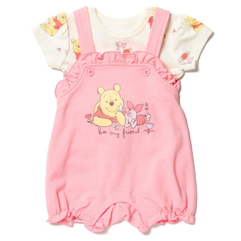 Disney Winnie the Pooh Minnie Mouse Piglet Baby Girls French Terry Short Overalls and T-Shirt Newborn to Infant, 3 of 9