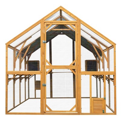 Dolonm 110" Walk-in Chicken Coop & Catio - Waterproof Cover, 2 Pet Doors & 1/2" Galvanized Mesh, Yellow Wood Outdoor Playpen for Cats/Chickens