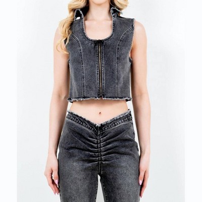 Women's Trendy Cropped Denim Vest With Raw Hem - American Bazi