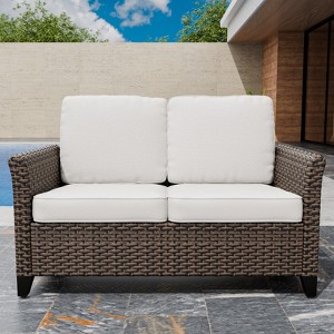 EAGLE PEAK Ocean Vista Outdoor Wicker Patio Sofa, Variated All-weather PE Wicker Loveseat with Cushions - 1 of 4