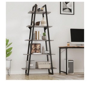 5-Tier Rustic Industrial Wood Bookshelf, Tall Open Etagere Ladder Bookcase, Standing Display Shelves For Home Living Room, Bedroom, And Office Storag - 1 of 4