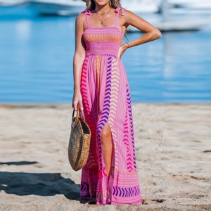 Women's Pink Chevron Striped Self-Tie Strap Maxi Dress - Cupshe - 1 of 4