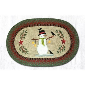 Earth Rugs OP-25 Snowman with Crow Oval Braided Jute Tread – 20"x30" Hand-Stenciled Holiday Accent - 1 of 3