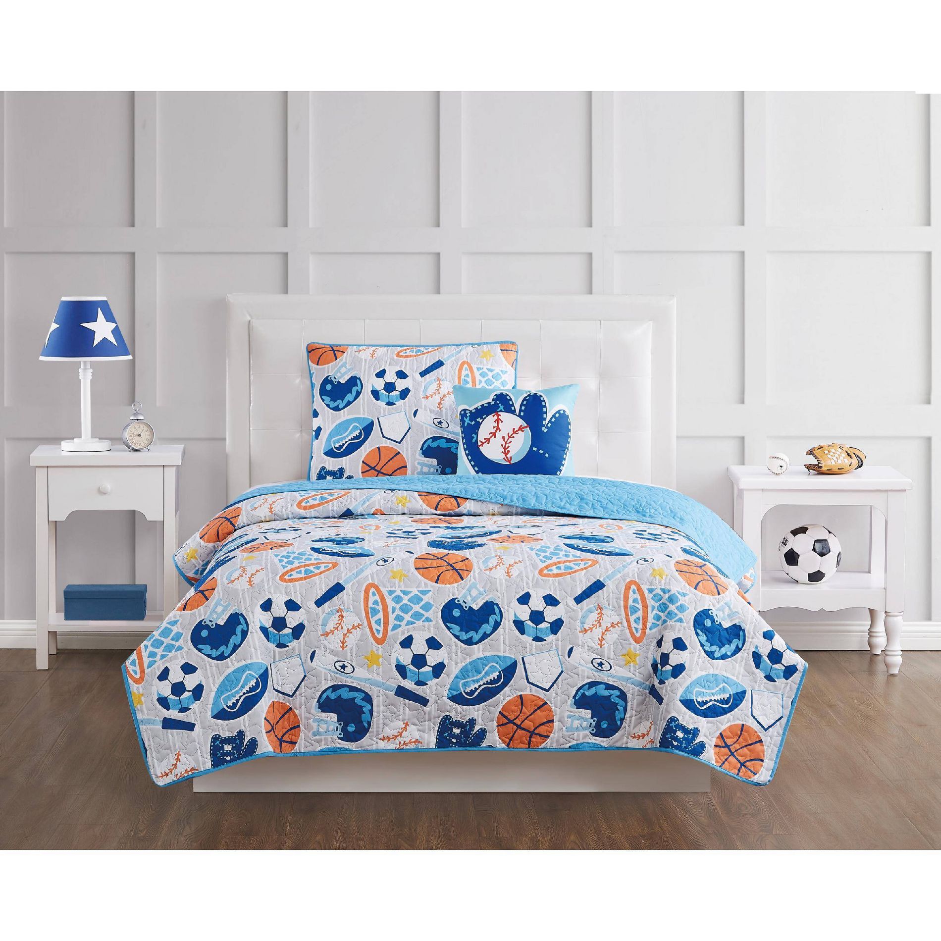 Twin 3pc All Star Reversible Kids' Quilt Set Gray - My World: Sports Theme, Lightweight Microfiber, Includes Sham & Pillow