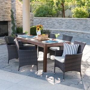 GDFStudio Taft Outdoor 7 Piece Acacia Wood and Wicker Dining Set with Cushion, Dark Brown/Beige - 1 of 4