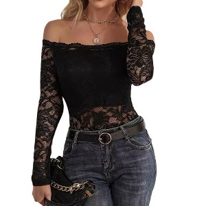 Women's Lace Slim Fit Off Shoulder T Shirt Long Sleeve Bodycon Lace Trim Casual Boho Tops - 1 of 4