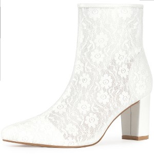 BLISSFUL STEP Pointed Toe Block Heels Floral Lace Ankle Boots for Women - 1 of 4