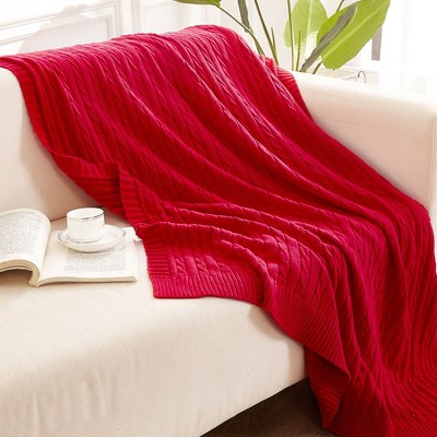 Cotton Cable Knit Twin Blanket, Super Soft Warm Knitted Blanket, 60x80 Inches, Red - NTBAY