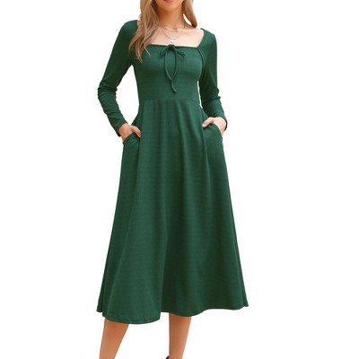 INSPIRE CHIC Women's Square Neck Long Sleeve A-Line High Waist Midi Knitted Dresses with Pocket