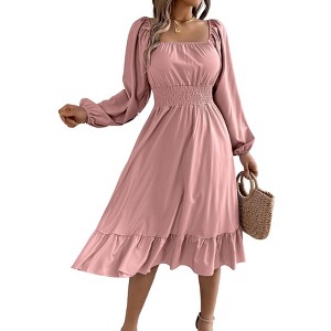 Women's Spring Summer Fall Long Sleeve Square Neck Smocked Waist Casual Vacation Tiered Flowy Midi Dress - 1 of 4