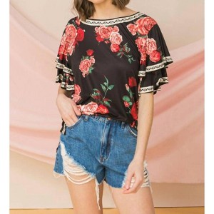 Women's Tiered Ruffle Sleeve Floral Print Top - FLYING TOMATO - 1 of 4