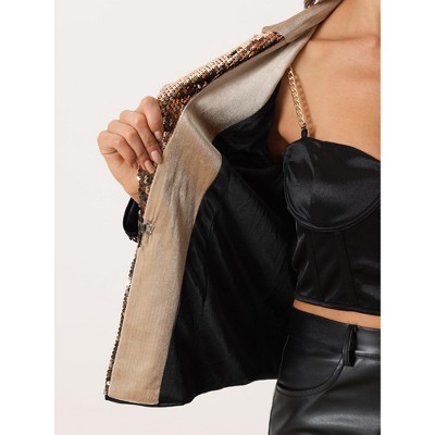 INSPIRE CHIC Women's Velvet Contrast Collar Shiny Metallic Cropped Sequin Blazers Champagne Large — фото 5