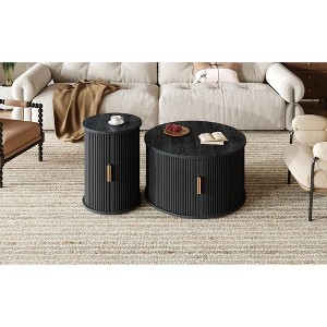 ORRD Mid-Century Coffee Table Set of 2, Round Fluted End Table with Sliding Tambour Door & Gold Handle, Black - 1 of 4