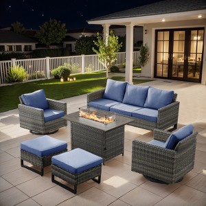 Buenhomino 6 Peices Outdoor Patio Furniture Set with 41" Fire Pit Table, Wicker Swivel Rocking Chairs Conversation Sets for Yard Garden Porch - 1 of 4